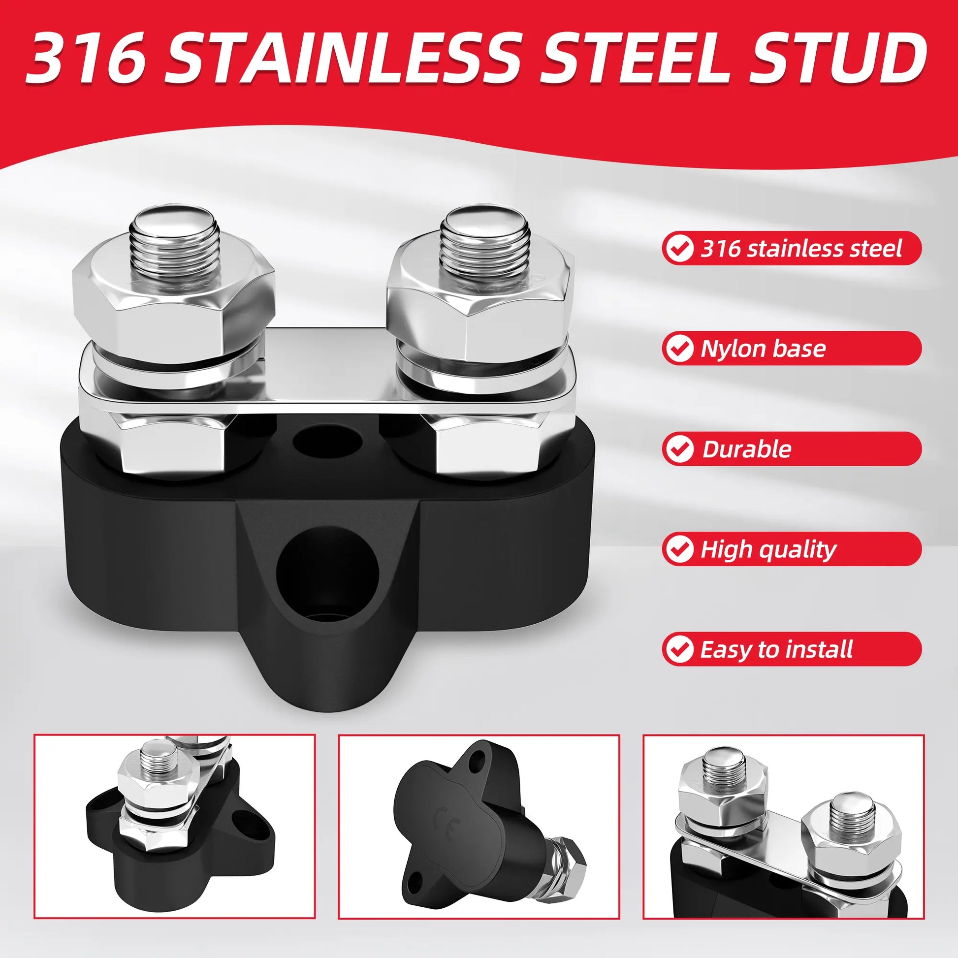 ZeeVolt ZV14400-M10 80A Dual Stud Power Distribution Terminal Block with 2 × M10 stainless steel studs. Designed for marine, automotive, and RV power distribution. Nickel-plated brass plate and flame-retardant nylon base ensure durability and conductivity. Available in Rimal Marine.