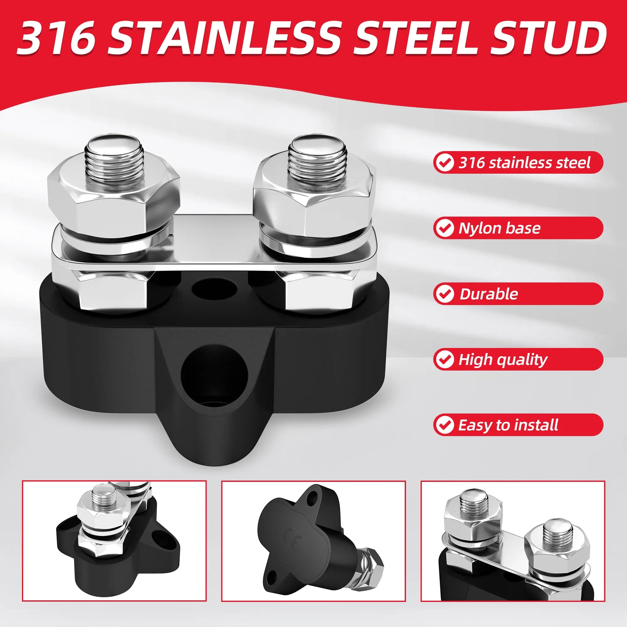 ZeeVolt ZV14400-M10 80A Dual Stud Power Distribution Terminal Block with 2 × M10 stainless steel studs. Designed for marine, automotive, and RV power distribution. Nickel-plated brass plate and flame-retardant nylon base ensure durability and conductivity. Available in Rimal Marine.