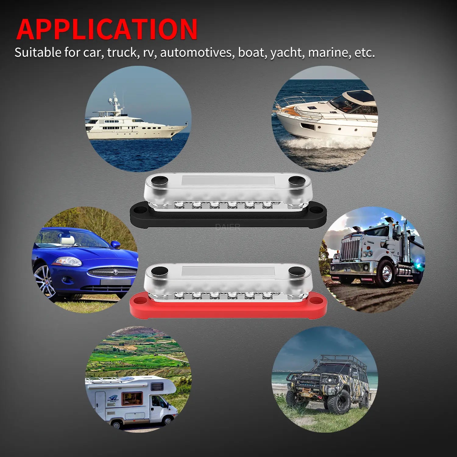ZeeVolt ZV14425 150A dual insulated busbar with 2×M6 studs and 12×M4 screws, using copper plates, stainless steel terminals, and flame-retardant base for reliable and safe power distribution in boats, cars, RVs, trucks, and solar systems. Available in Rimal Marine.