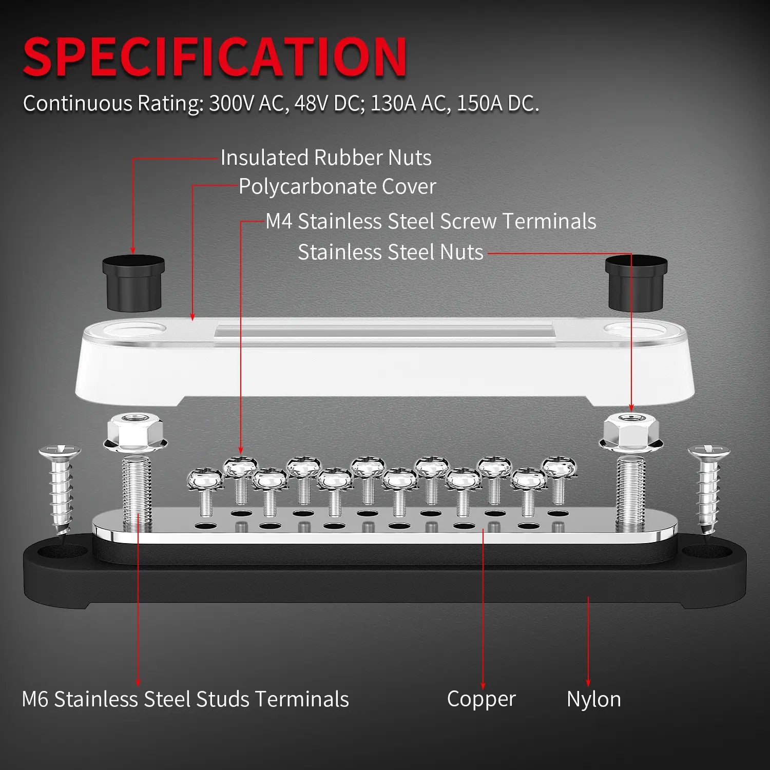 ZeeVolt ZV14425 150A dual insulated busbar with 2×M6 studs and 12×M4 screws, using copper plates, stainless steel terminals, and flame-retardant base for reliable and safe power distribution in boats, cars, RVs, trucks, and solar systems. Available in Rimal Marine.

Product Description:

The ZeeVolt ZV14425 150A Dual Insulated BusBar is engineered for safe, efficient, and reliable power distribution across marine, automotive, RV, truck, and solar applications. Featuring 2×M6 stainless steel studs and 12×M4 