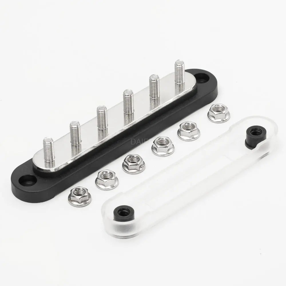 ZeeVolt ZV14428 150A 48VDC battery power distribution block with 6×M8 stainless steel studs, copper plate conductor, flame-retardant nylon base, and clear polycarbonate cover. Ideal for marine, automotive, RV, truck, and solar energy power distribution. Available in Rimal Marine.