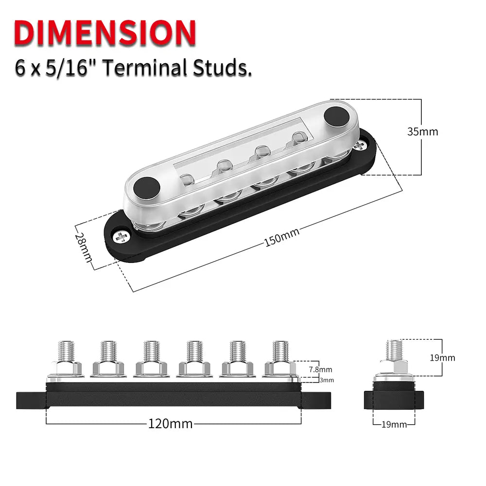 ZeeVolt ZV14428 150A 48VDC battery power distribution block with 6×M8 stainless steel studs, copper plate conductor, flame-retardant nylon base, and clear polycarbonate cover. Ideal for marine, automotive, RV, truck, and solar energy power distribution. Available in Rimal Marine.