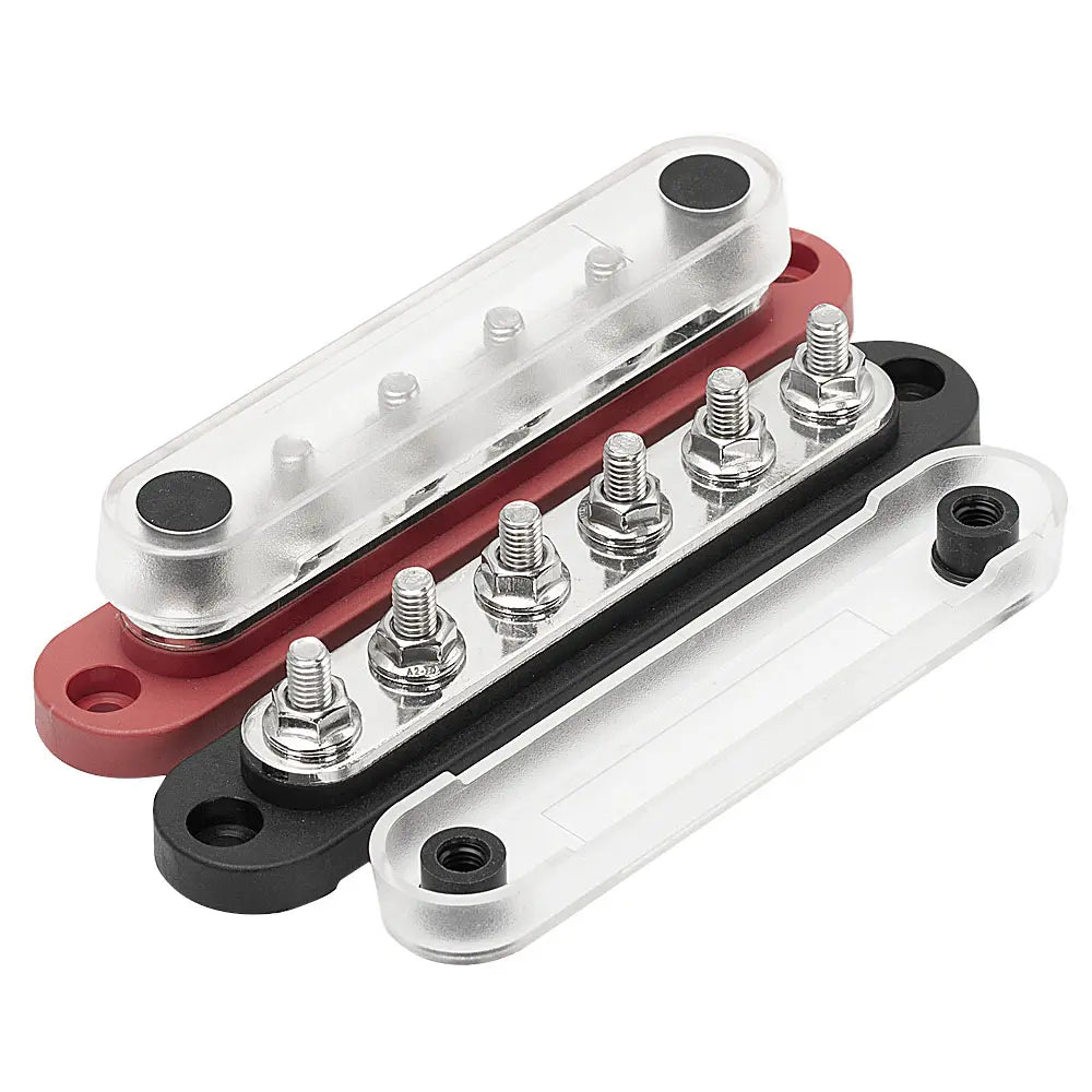 ZeeVolt ZV14428 150A 48VDC battery power distribution block with 6×M8 stainless steel studs, copper plate conductor, flame-retardant nylon base, and clear polycarbonate cover. Ideal for marine, automotive, RV, truck, and solar energy power distribution. Available in Rimal Marine.