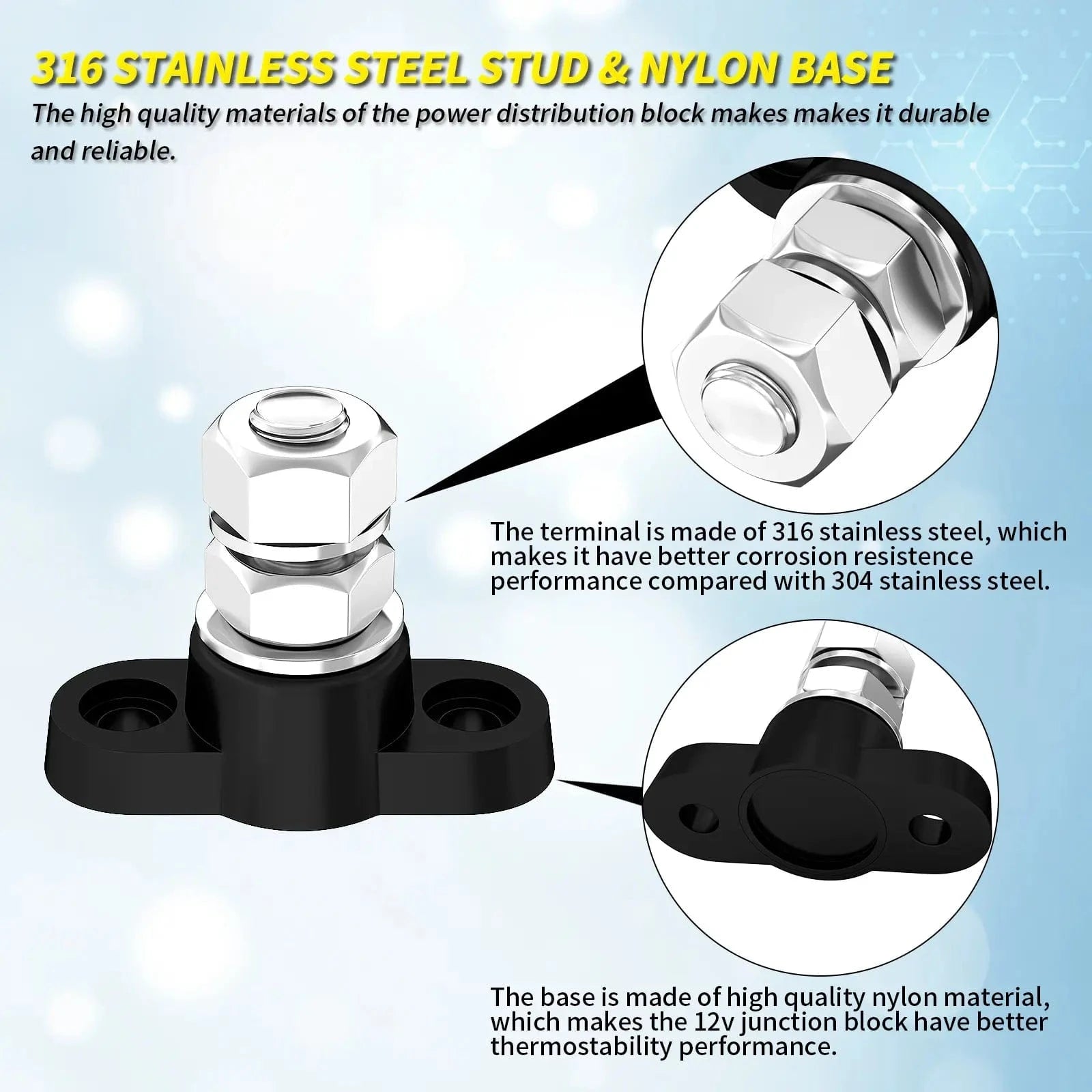 ZeeVolt ZV14462 250A M10 Stud Battery Junction Post with nickel-plated brass plate, flame-retardant nylon base, and 316 stainless steel studs for durability. Ideal for automotive, RV, marine, truck, and solar power distribution systems. Available in Rimal Marine.