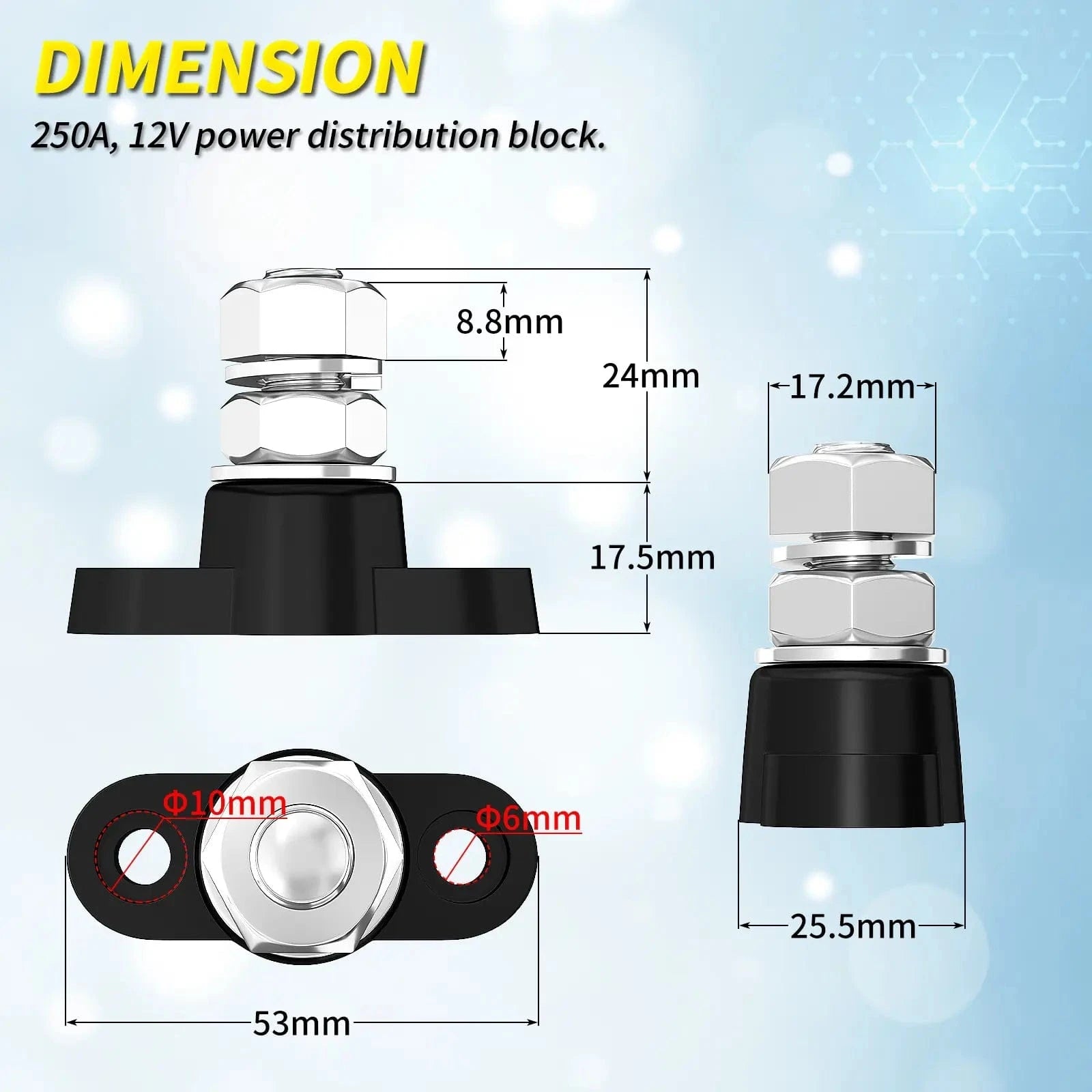 ZeeVolt ZV14462 250A M10 Stud Battery Junction Post with nickel-plated brass plate, flame-retardant nylon base, and 316 stainless steel studs for durability. Ideal for automotive, RV, marine, truck, and solar power distribution systems. Available in Rimal Marine.