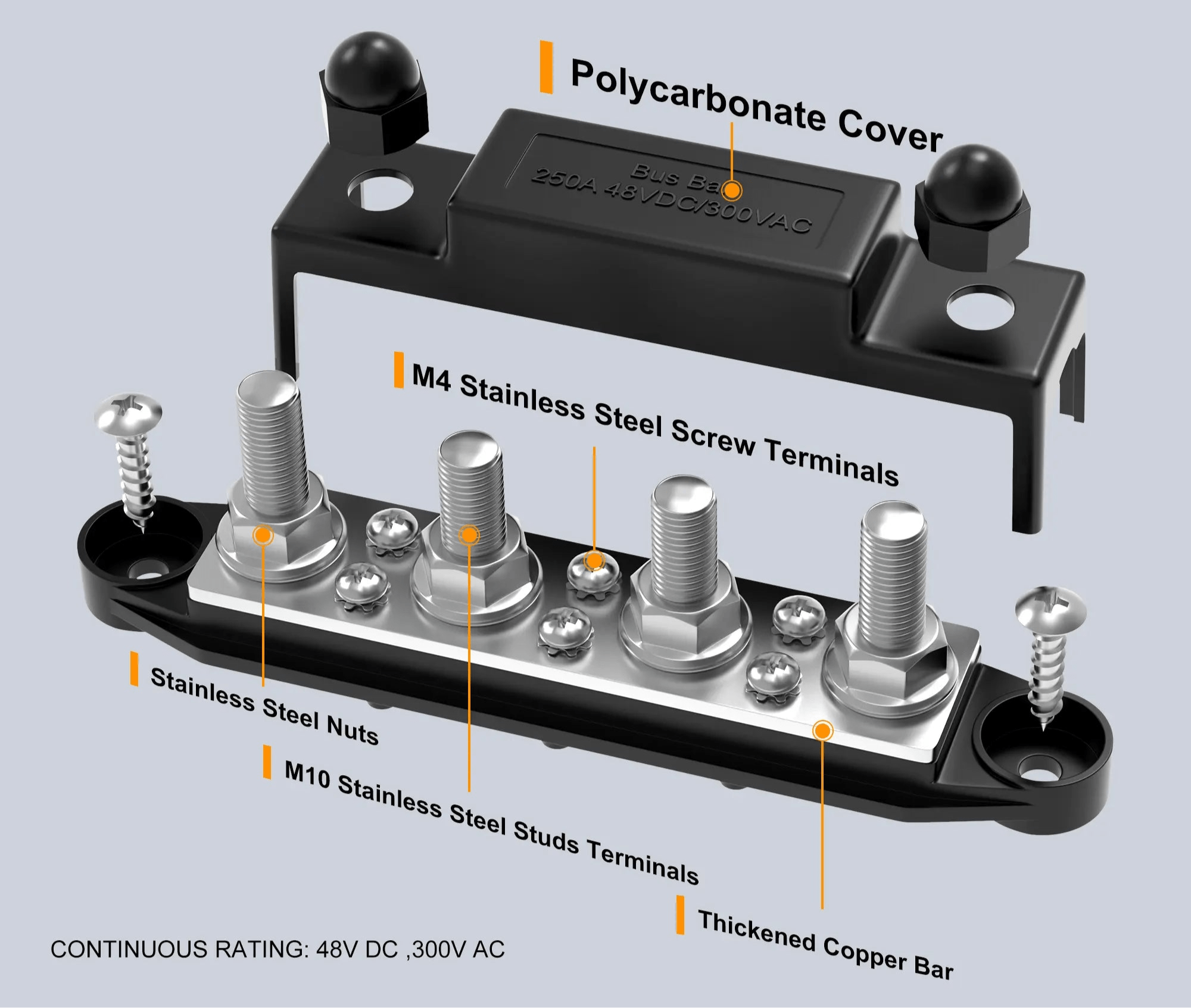 ZeeVolt ZV15926 48VDC 275A Busbar with 4×M10 stainless steel studs and 6×M4 screw terminals. Includes protective cover, nickel-plated copper plate, and flame-retardant nylon base for safe and efficient marine, RV, automotive, and solar power distribution. Available in Rimal Marine.