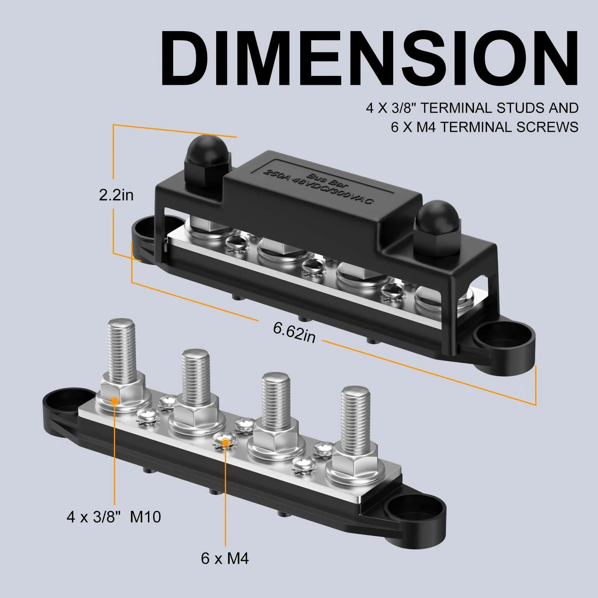 ZeeVolt ZV15926 48VDC 275A Busbar with 4×M10 stainless steel studs and 6×M4 screw terminals. Includes protective cover, nickel-plated copper plate, and flame-retardant nylon base for safe and efficient marine, RV, automotive, and solar power distribution. Available in Rimal Marine.
