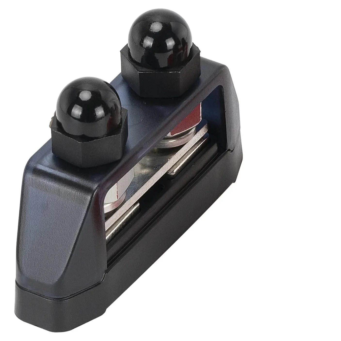 ZeeVolt ZV16664 250A Dual M10 Stud Busbar Power Distribution Block with two 3/8″ (M10) terminal studs. Built with nickel-plated brass for conductivity and flame-retardant base for safety. Ideal for marine, RV, truck, and solar applications. Available in Rimal Marine UAE.