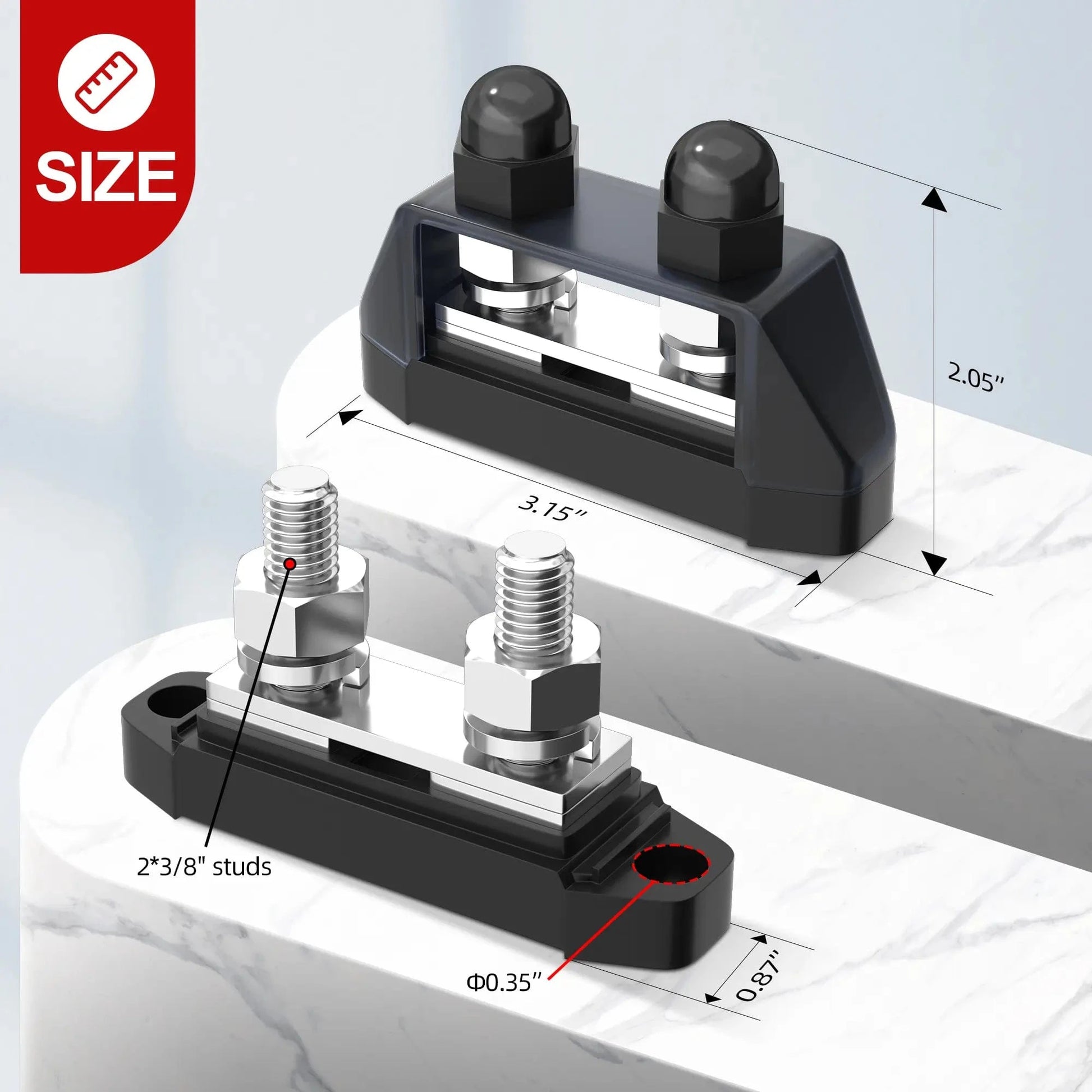 ZeeVolt ZV16664 250A Dual M10 Stud Busbar Power Distribution Block with two 3/8″ (M10) terminal studs. Built with nickel-plated brass for conductivity and flame-retardant base for safety. Ideal for marine, RV, truck, and solar applications. Available in Rimal Marine UAE.