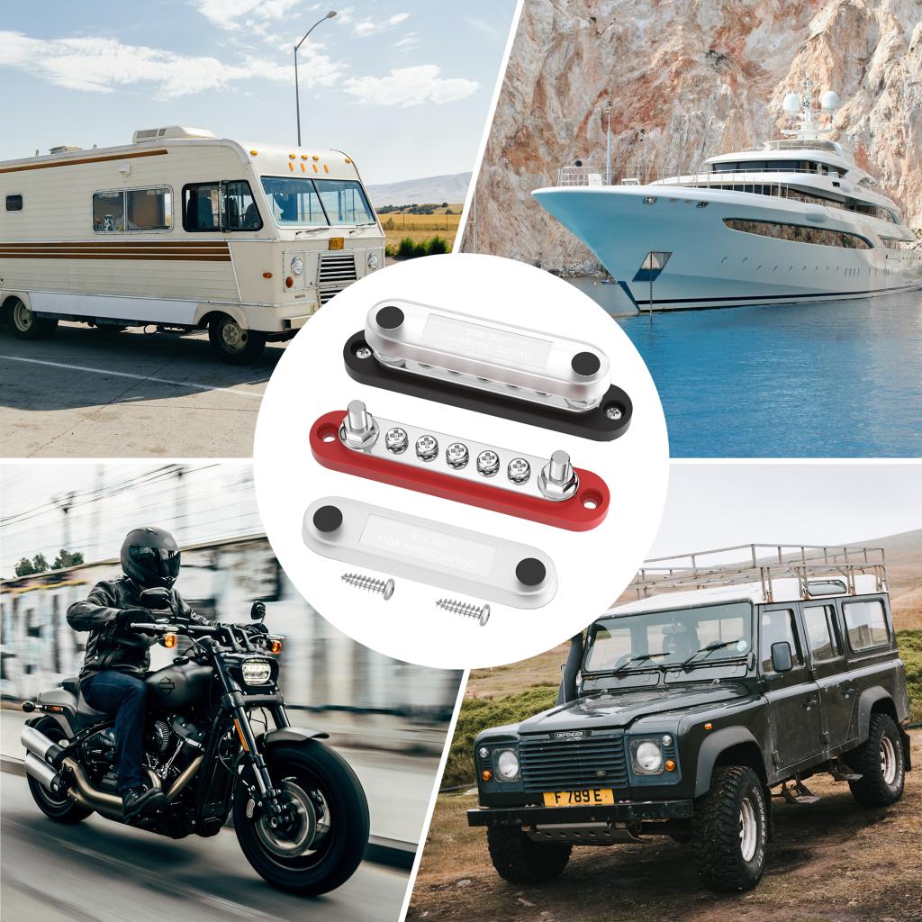 ZeeVolt ZV17035 5 Gang Common 150A Mini BusBar featuring tin-plated copper bus, reinforced polycarbonate base, clear cover, 2 x M6 studs, and 5 x M4 screws. Flame-retardant, corrosion-resistant for marine power distribution. Available in Rimal Marine.