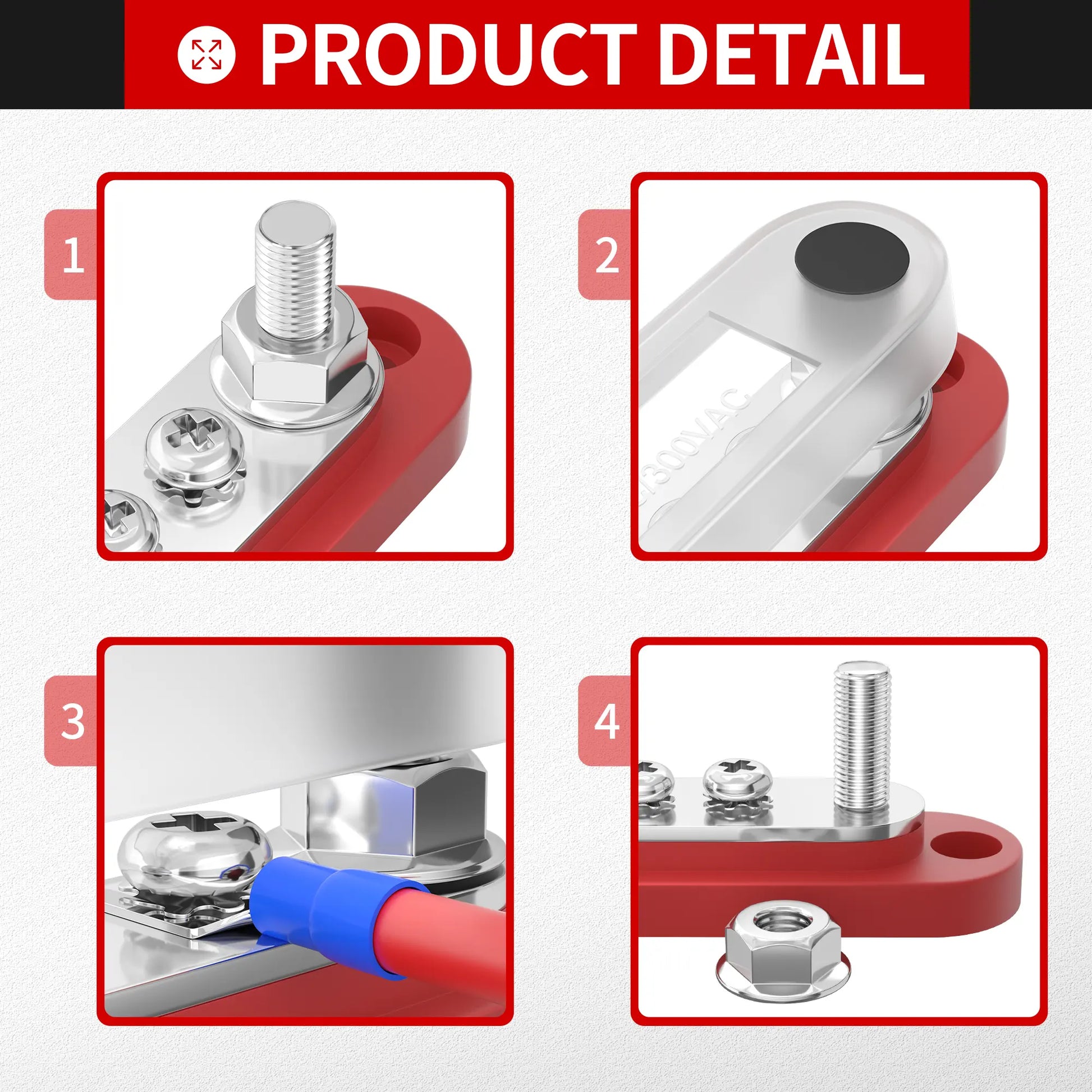 ZeeVolt ZV17035 5 Gang Common 150A Mini BusBar featuring tin-plated copper bus, reinforced polycarbonate base, clear cover, 2 x M6 studs, and 5 x M4 screws. Flame-retardant, corrosion-resistant for marine power distribution. Available in Rimal Marine.