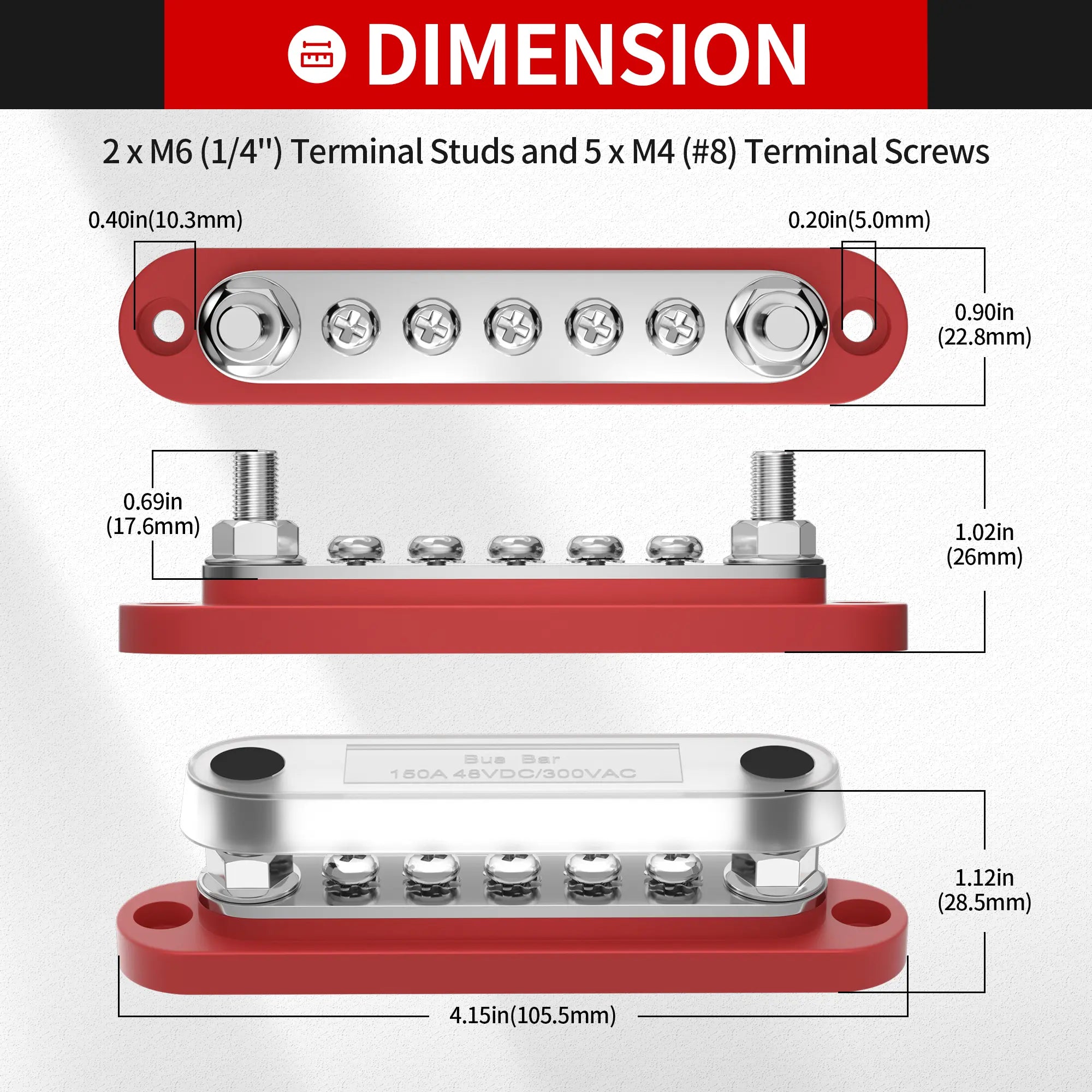 ZeeVolt ZV17035 5 Gang Common 150A Mini BusBar featuring tin-plated copper bus, reinforced polycarbonate base, clear cover, 2 x M6 studs, and 5 x M4 screws. Flame-retardant, corrosion-resistant for marine power distribution. Available in Rimal Marine.