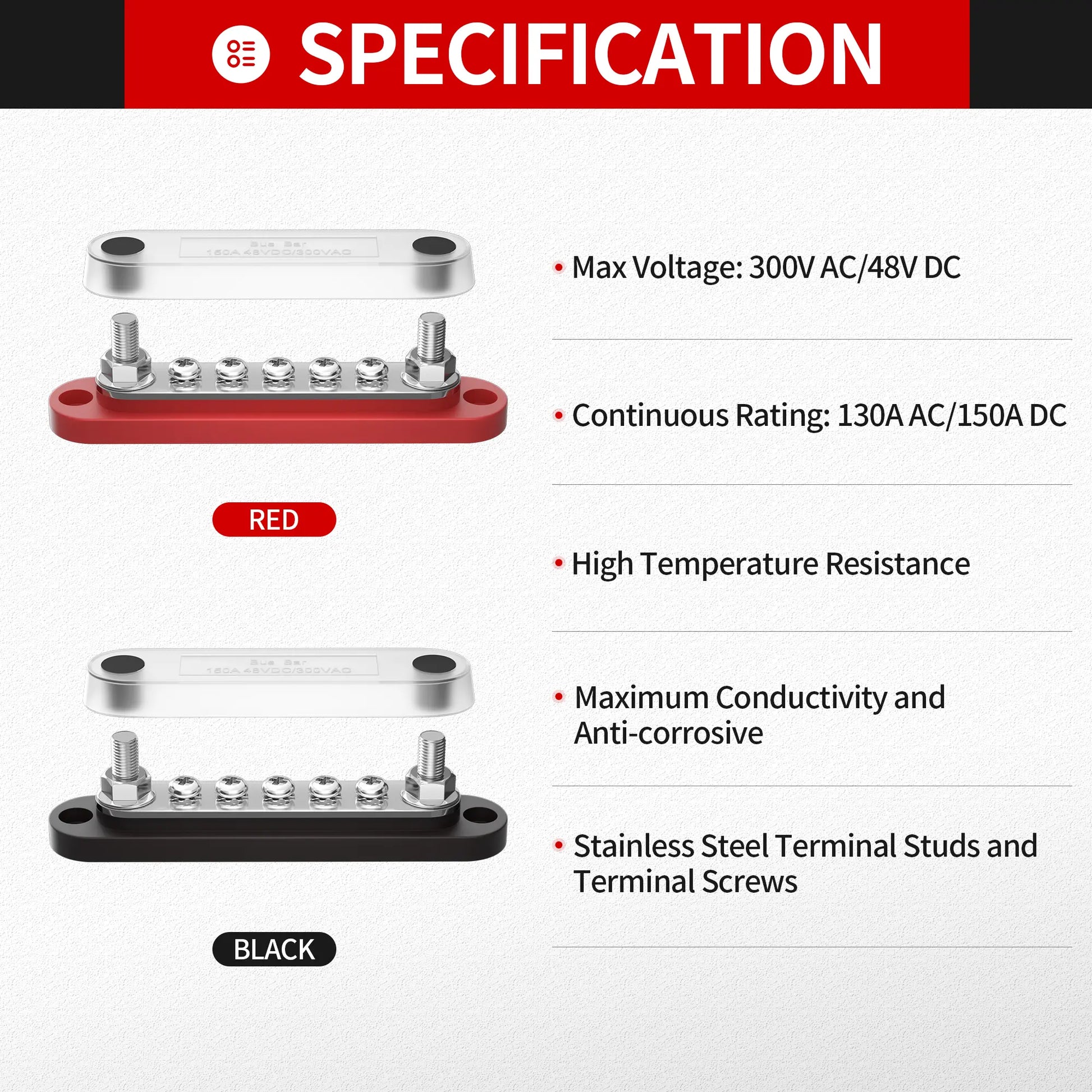ZeeVolt ZV17035 5 Gang Common 150A Mini BusBar featuring tin-plated copper bus, reinforced polycarbonate base, clear cover, 2 x M6 studs, and 5 x M4 screws. Flame-retardant, corrosion-resistant for marine power distribution. Available in Rimal Marine.