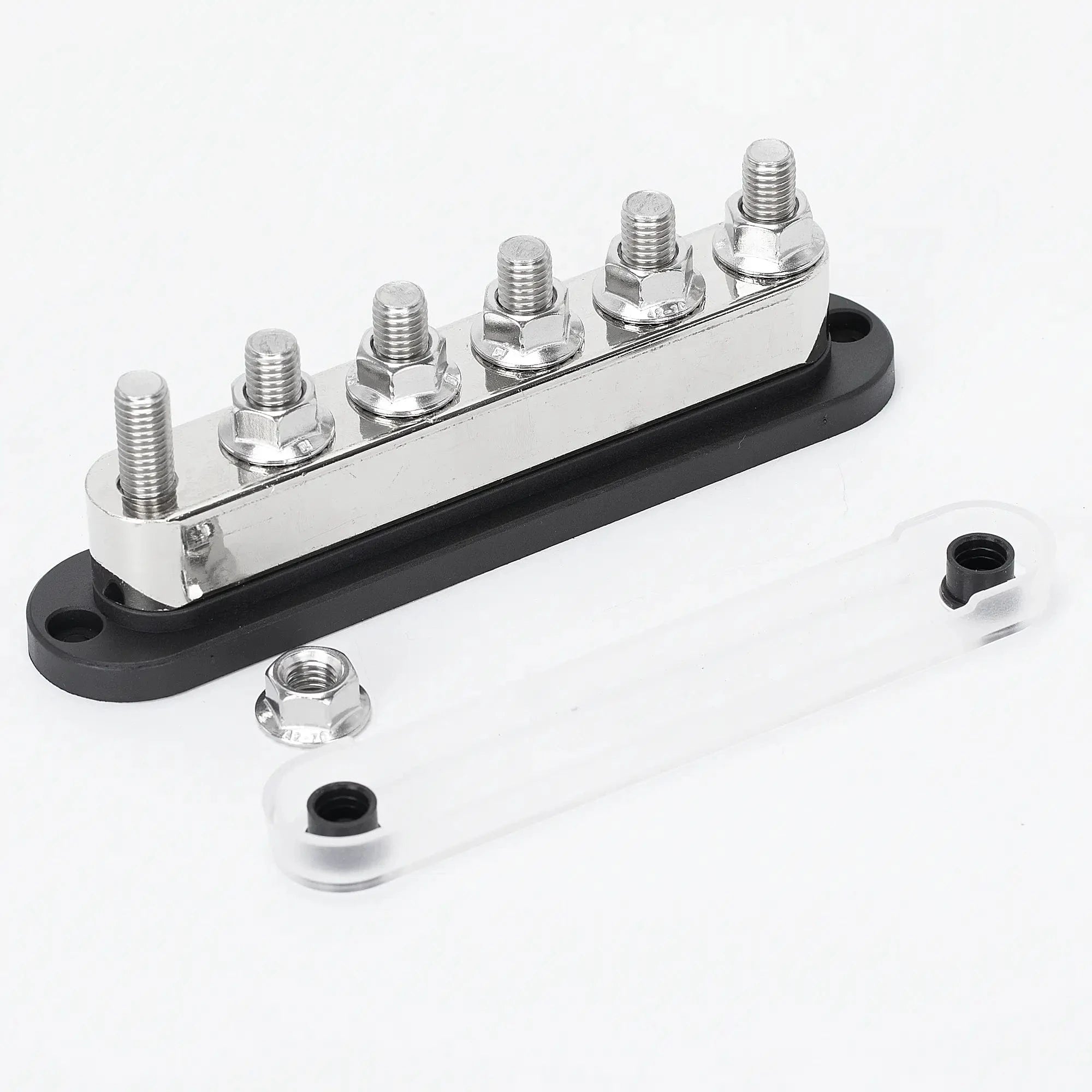 ZeeVolt ZV17757 600A 48VDC Power Bus Bar with 6×M10 studs. Heavy-duty 20mm copper bus, flame-retardant nylon base, protective cover, and stainless steel terminals for safe, versatile wiring in automotive, marine, RV, truck, and solar systems. Available in Rimal Marine.