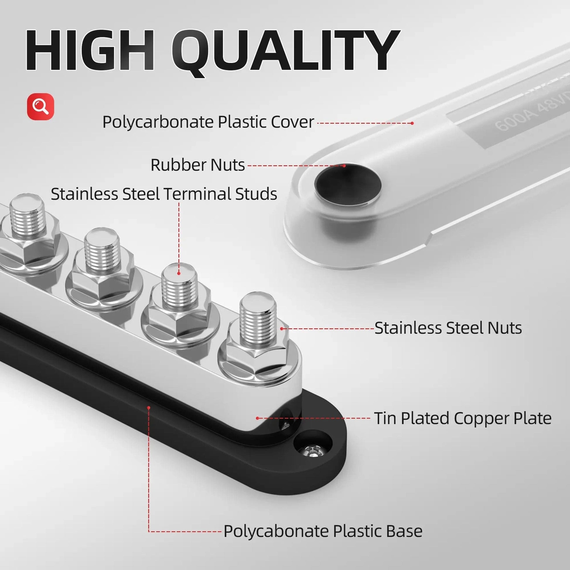 ZeeVolt ZV17757 600A 48VDC Power Bus Bar with 6×M10 studs. Heavy-duty 20mm copper bus, flame-retardant nylon base, protective cover, and stainless steel terminals for safe, versatile wiring in automotive, marine, RV, truck, and solar systems. Available in Rimal Marine.