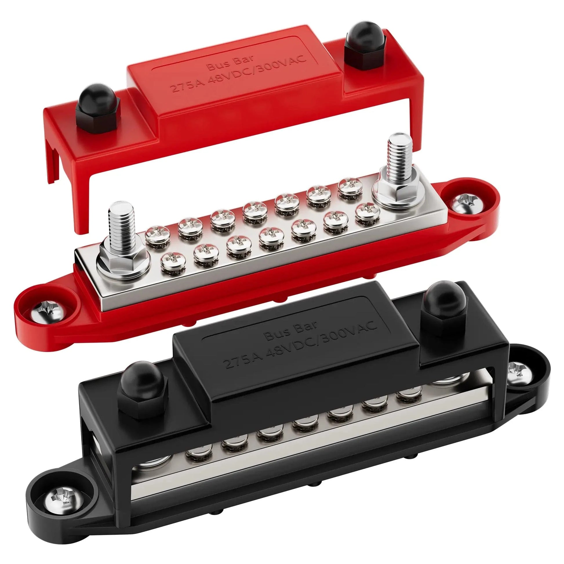 ZeeVolt ZV18670 275A terminal busbar block with 2×M8 studs & 14×M4 screws. Heavy-duty 4.0mm copper bar, flame-retardant nylon base, stainless steel terminals, and protective cover for safe, versatile wiring in automotive, marine, RV, and solar systems. Available in Rimal Marine.