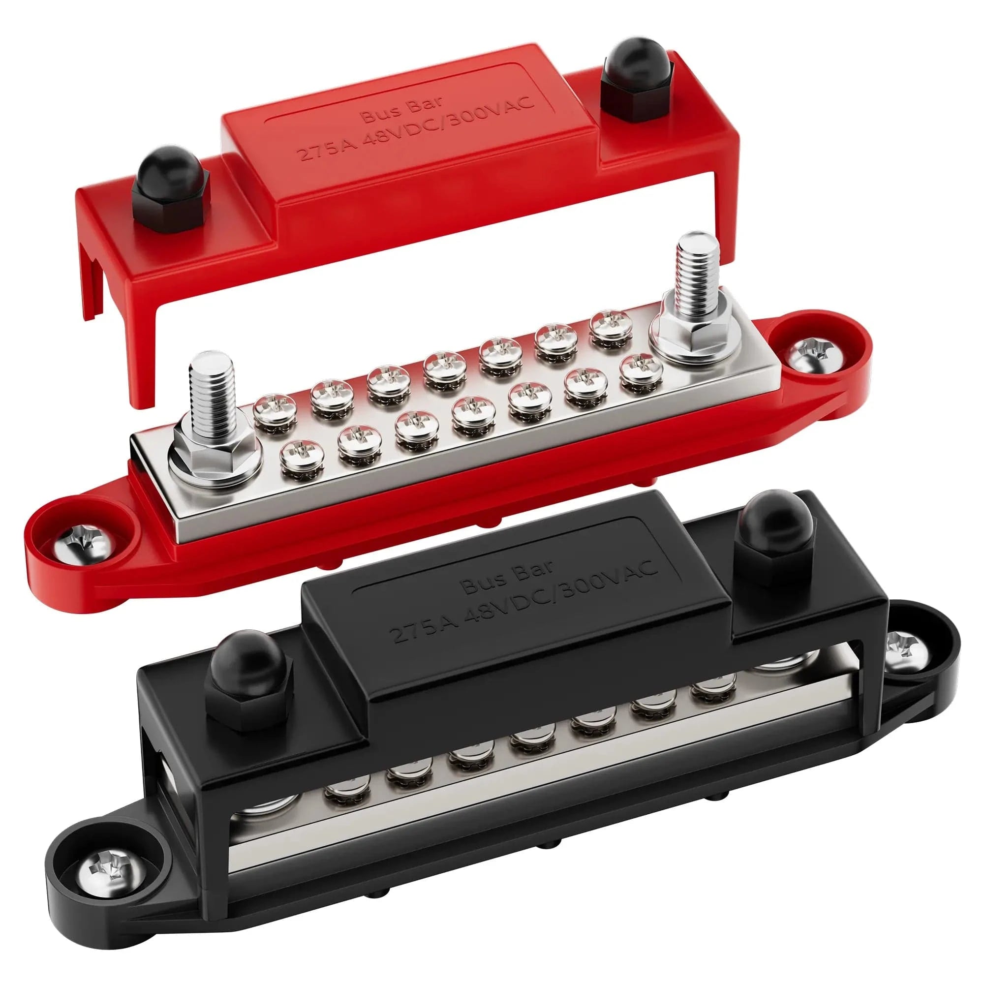 ZeeVolt ZV18670 275A terminal busbar block with 2×M8 studs & 14×M4 screws. Heavy-duty 4.0mm copper bar, flame-retardant nylon base, stainless steel terminals, and protective cover for safe, versatile wiring in automotive, marine, RV, and solar systems. Available in Rimal Marine.