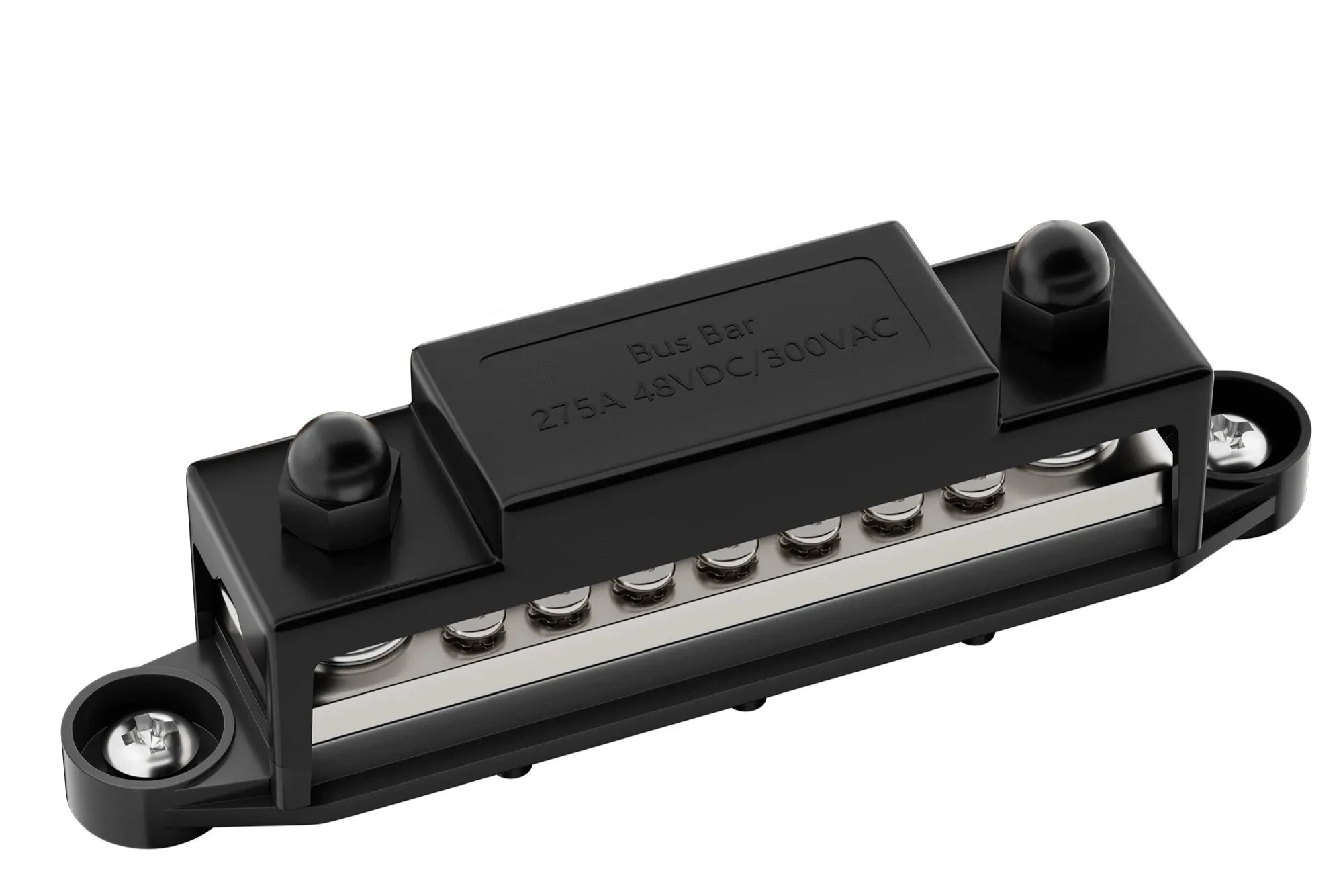 ZeeVolt ZV18670 275A terminal busbar block with 2×M8 studs & 14×M4 screws. Heavy-duty 4.0mm copper bar, flame-retardant nylon base, stainless steel terminals, and protective cover for safe, versatile wiring in automotive, marine, RV, and solar systems. Available in Rimal Marine.