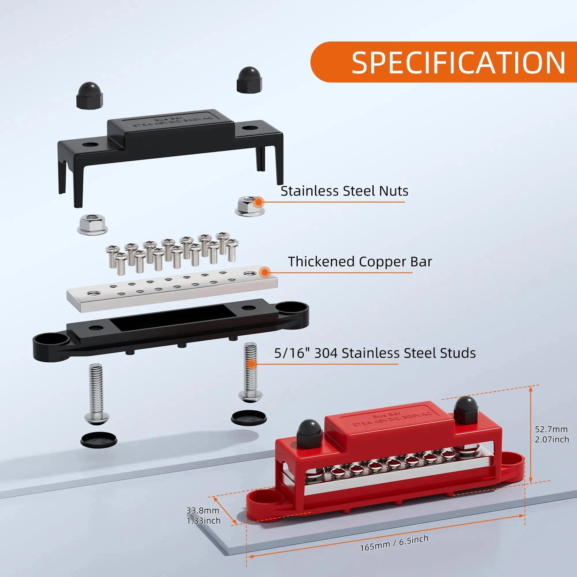 ZeeVolt ZV18670 275A terminal busbar block with 2×M8 studs & 14×M4 screws. Heavy-duty 4.0mm copper bar, flame-retardant nylon base, stainless steel terminals, and protective cover for safe, versatile wiring in automotive, marine, RV, and solar systems. Available in Rimal Marine.
