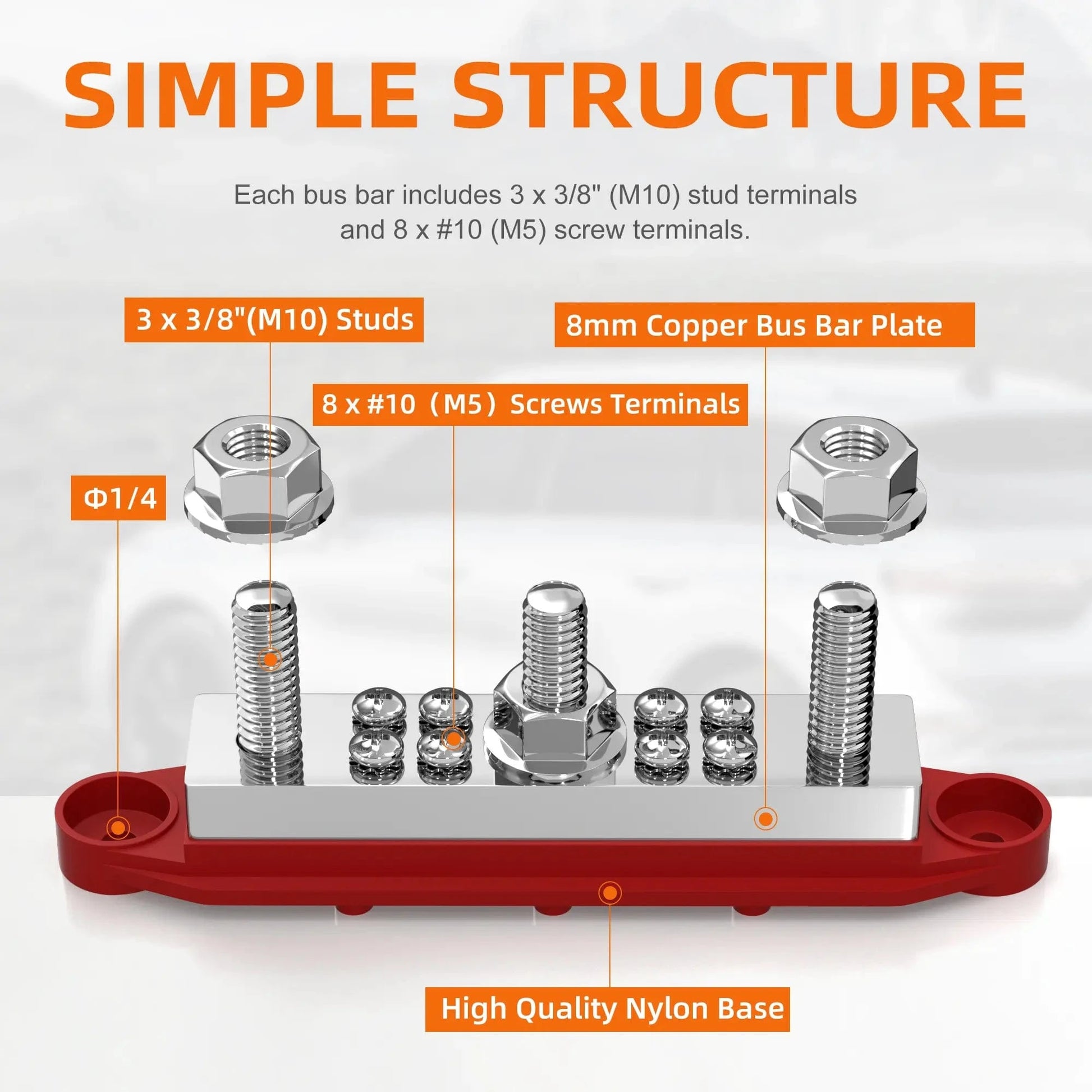 ZeeVolt ZV19294 400A Power Distribution Block with 3×M10 studs & 8×M5 screws. Heavy-duty 8mm copper bus, flame-retardant nylon base, stainless steel terminals, and protective cover for safe, versatile wiring in automotive, marine, RV, and solar systems. Available in Rimal Marine.