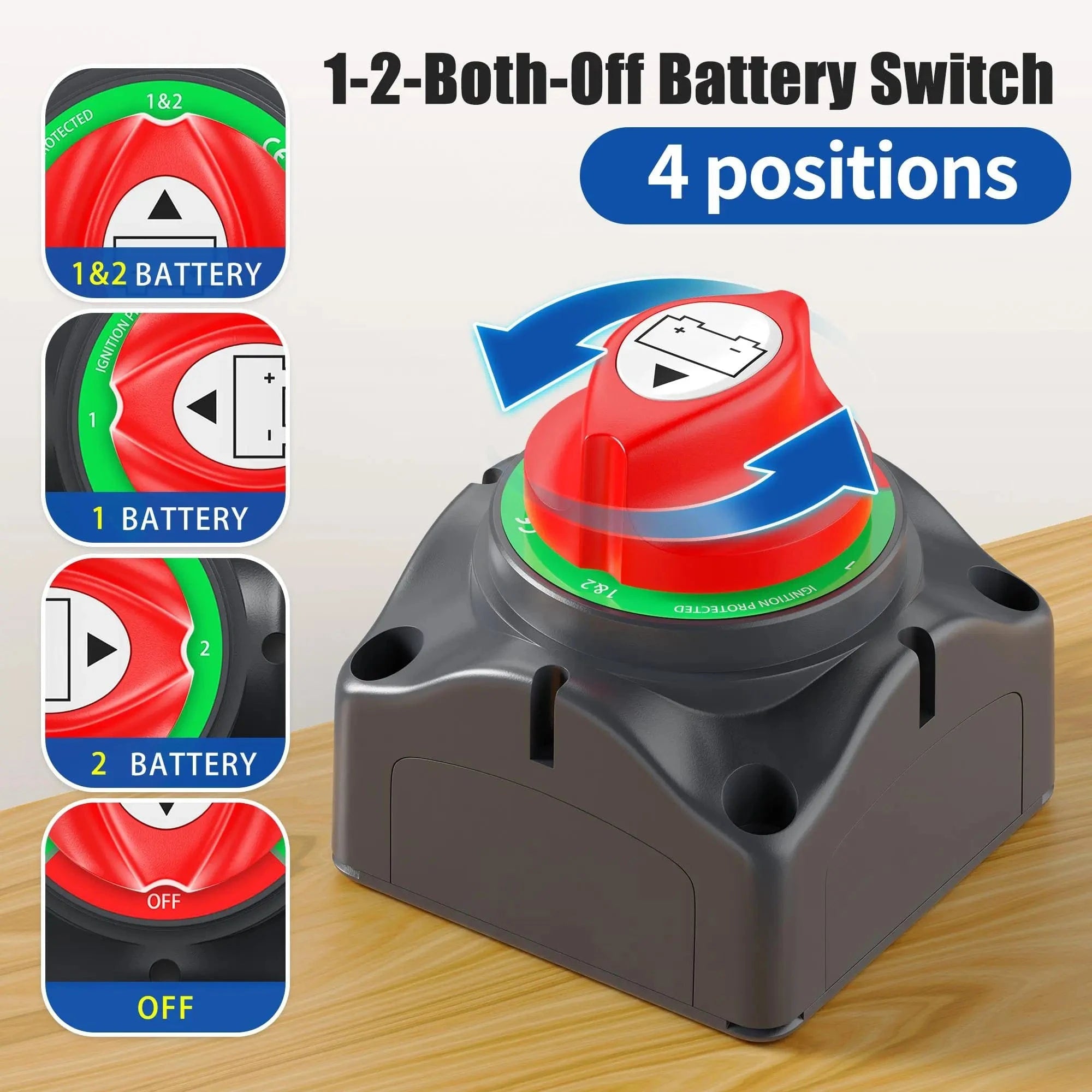 ZeeVolt ZV9746 Heavy Duty Battery Isolator Switch, 1-2-Both-OFF 4 Position rotary switch rated 200A continuous, 275A intermittent, and 1000A cranking at 12V DC. Built with ABS housing and copper studs for safe, corrosion-resistant durability. Ideal for boats, RVs, trucks, and trailers. Available in Rimal Marine UAE.