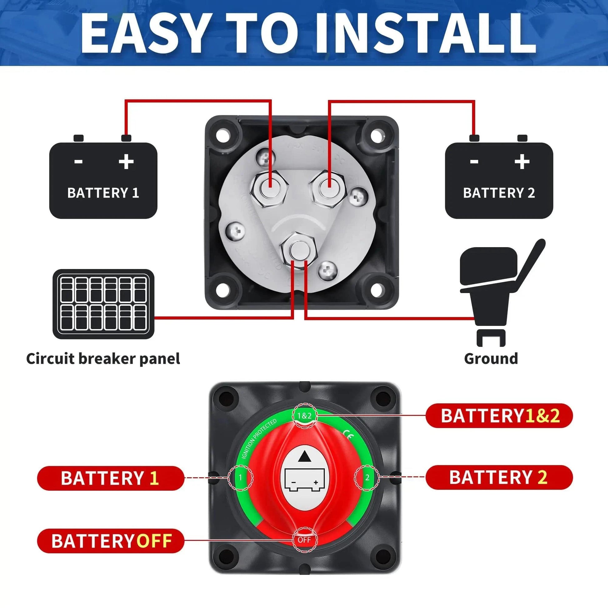 ZeeVolt ZV9746 Heavy Duty Battery Isolator Switch, 1-2-Both-OFF 4 Position rotary switch rated 200A continuous, 275A intermittent, and 1000A cranking at 12V DC. Built with ABS housing and copper studs for safe, corrosion-resistant durability. Ideal for boats, RVs, trucks, and trailers. Available in Rimal Marine UAE.