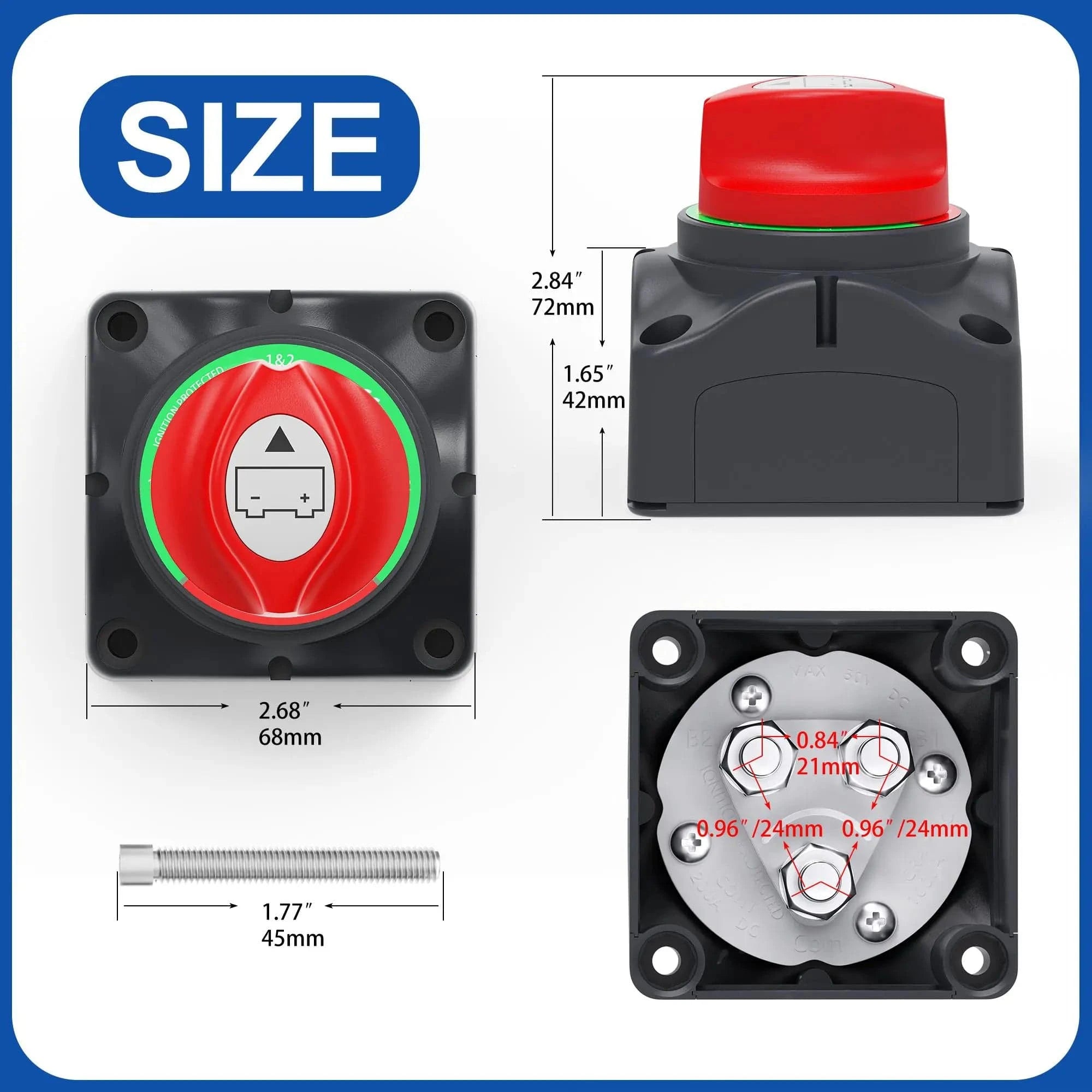 ZeeVolt ZV9746 Heavy Duty Battery Isolator Switch, 1-2-Both-OFF 4 Position rotary switch rated 200A continuous, 275A intermittent, and 1000A cranking at 12V DC. Built with ABS housing and copper studs for safe, corrosion-resistant durability. Ideal for boats, RVs, trucks, and trailers. Available in Rimal Marine UAE.