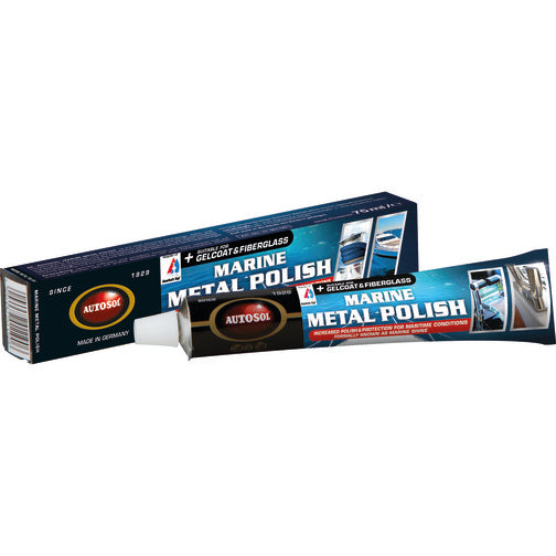 Autosol Marine Metal Polish paste and liquid bottles (75 ml, 250 ml, 750 ml) – powerful marine-grade cleaner and polish that removes rust, salt deposits, oxidation from aluminum, stainless steel, brass, and fiberglass, leaving a durable, glossy finish .

