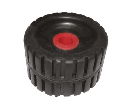 black wobble rollers for boat trailers in 4-3/8 inch and 5 inch sizes, made from durable weather-resistant rubber for smooth boat loading and unloading, supports boat hulls, reduces friction, and improves trailer alignment and performance in marine conditions