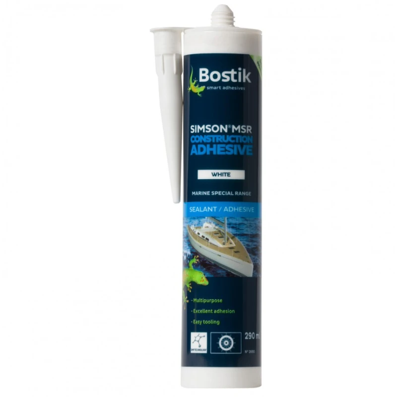 Bostik Simson MSR Construction Adhesive SSKF – 290 ml cartridge. A 1-component, permanently elastic, fast-curing construction adhesive based on Silyl Modified Polymer (SMP). Developed for bonding and sealing applications in the yacht and boat building industry. Certified under IMO Resolution A.653(16).