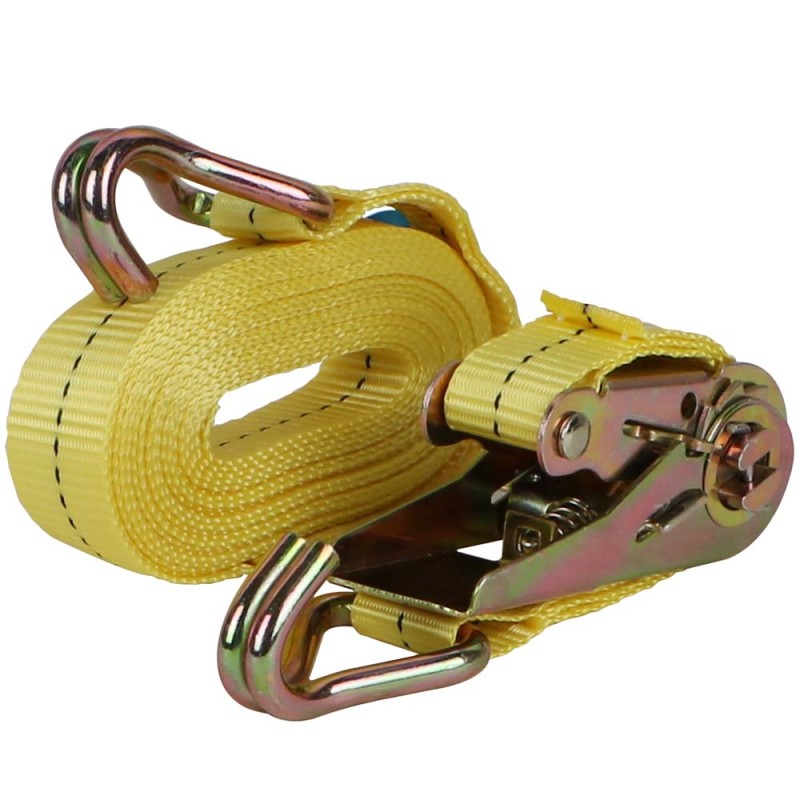 Yellow cargo lashing belt 1 inch width by 5 meters with heavy duty 1 ton ratchet tie down strap mechanism