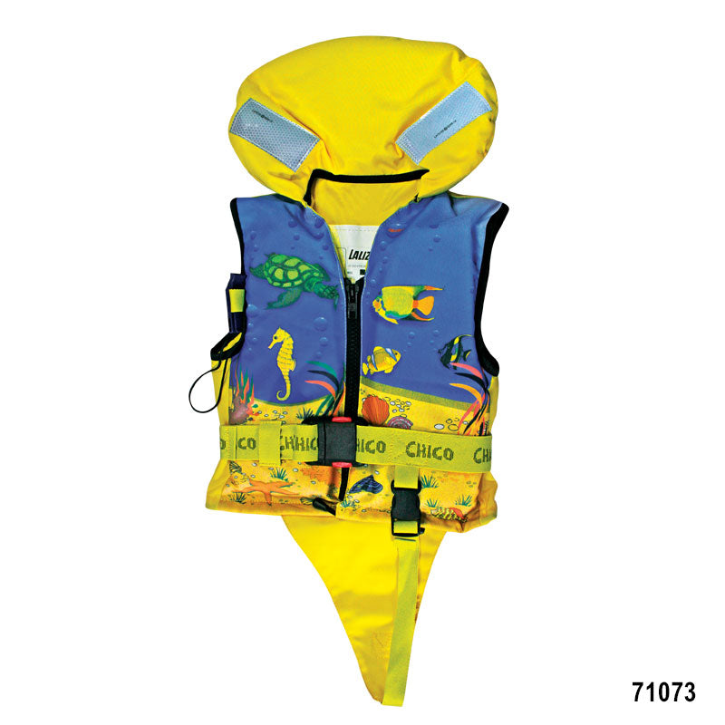 Lalizas Chico 100N child lifejacket ISO 12402-4 certified, high-visibility marine safety vest with crotch strap, whistle, and secure closure, ideal for boating and sailing with kids in sheltered waters

