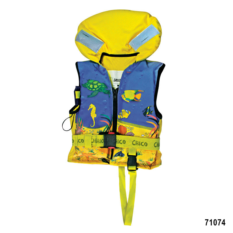 Lalizas Chico 100N child lifejacket ISO 12402-4 certified, high-visibility marine safety vest with crotch strap, whistle, and secure closure, ideal for boating and sailing with kids in sheltered waters

