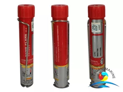 red hand flare for marine emergency distress signaling, easy to ignite with bright long-lasting burn for high visibility at night or low light, SOLAS-approved safety device ideal for boats, life rafts, and maritime survival kits