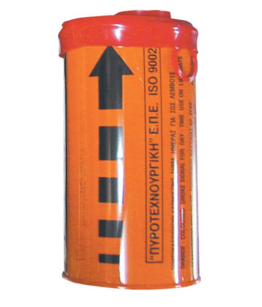 orange smoke signal for marine pyrotechnic distress signaling, produces dense orange smoke for high visibility during daytime emergencies, ideal for boats, life rafts, and coastal safety use, meets international maritime safety regulations

