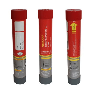 red parachute flare for marine emergency signaling, SOLAS-approved rocket flare launches high with slow-falling bright light for long-range visibility, essential for offshore boats, life rafts, and survival kits in maritime distress situations