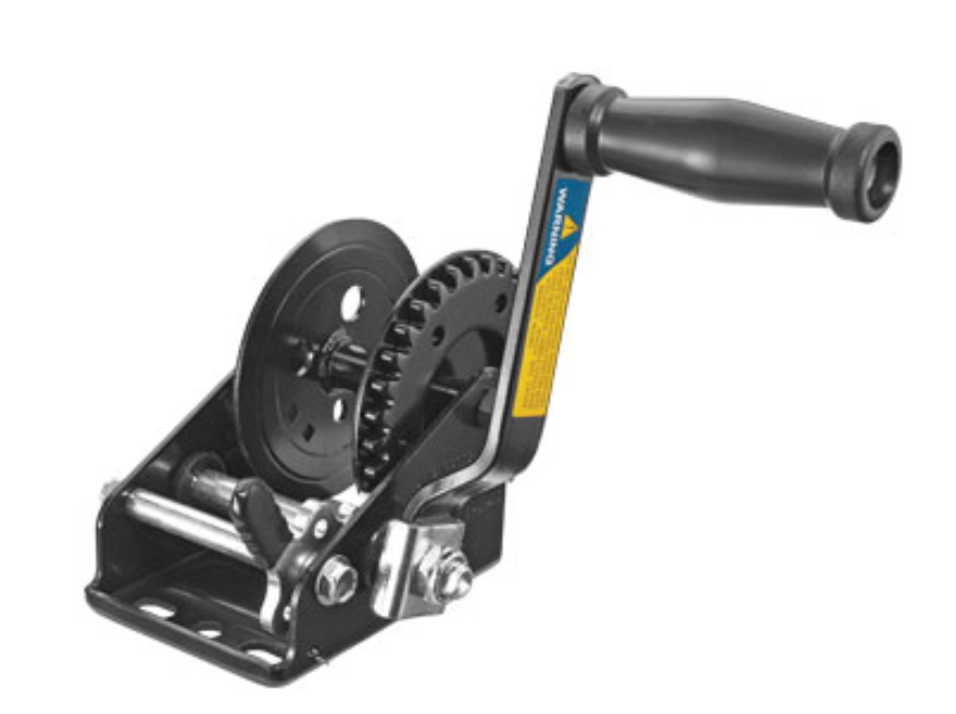 heavy-duty trailer winch with black powder-coated finish for corrosion resistance, ideal for boat and utility trailers, features reinforced gear system and strong hand crank for reliable towing, loading, and secure load control in marine and outdoor environments