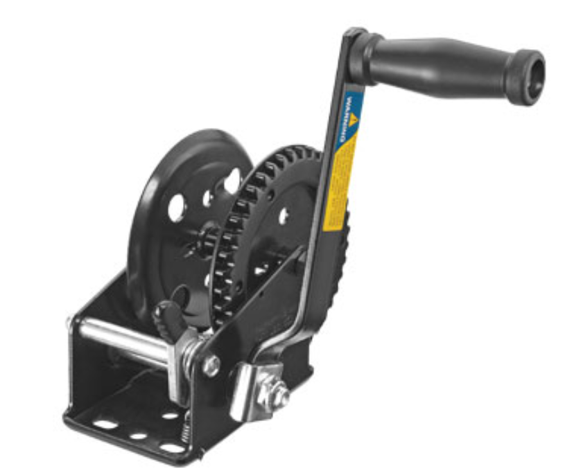 heavy-duty trailer winch with black powder-coated finish for corrosion resistance, ideal for boat and utility trailers, features reinforced gear system and strong hand crank for reliable towing, loading, and secure load control in marine and outdoor environments