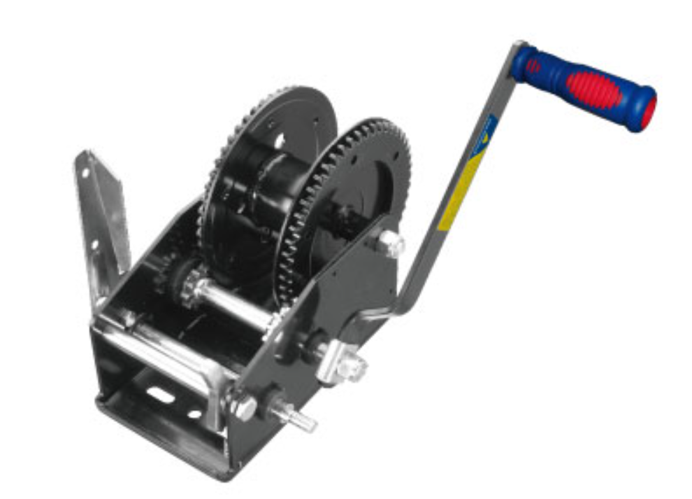 heavy-duty trailer winch with black powder-coated finish for corrosion resistance, ideal for boat and utility trailers, features reinforced gear system and strong hand crank for reliable towing, loading, and secure load control in marine and outdoor environments