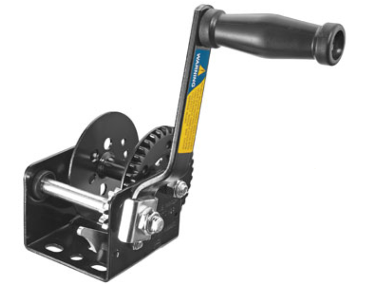 heavy-duty trailer winch with black powder-coated finish for corrosion resistance, ideal for boat and utility trailers, features reinforced gear system and strong hand crank for reliable towing, loading, and secure load control in marine and outdoor environments