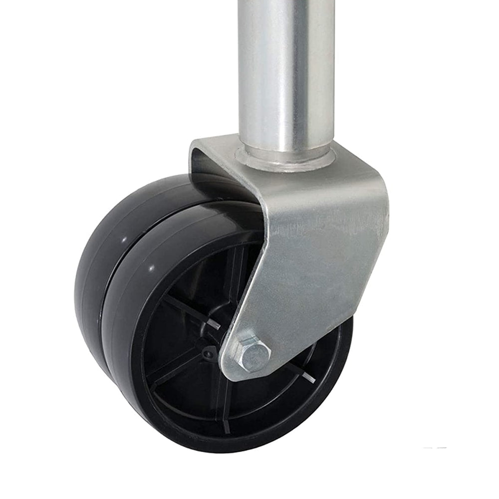 Heavy-duty trailer jack with wheel for easy maneuvering, support, and stabilization of boats, trailers, campers; durable steel construction ensures reliable towing and parking in marine and outdoor environments