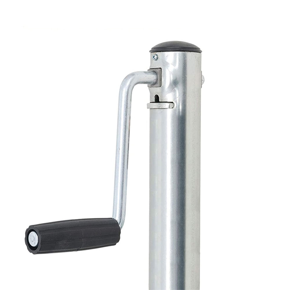 Heavy-duty trailer jack with wheel for easy maneuvering, support, and stabilization of boats, trailers, campers; durable steel construction ensures reliable towing and parking in marine and outdoor environments