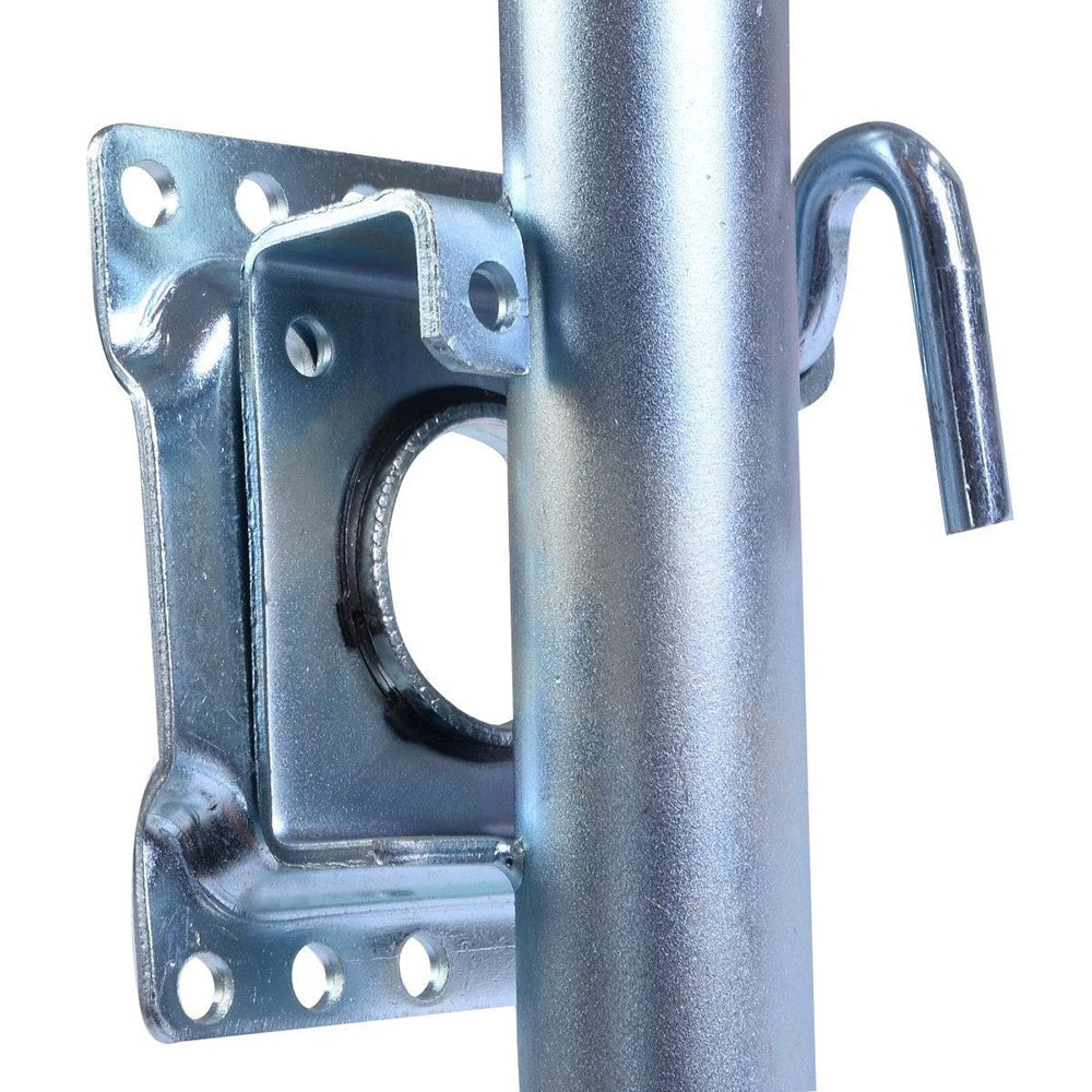 Heavy-duty trailer jack with wheel for easy maneuvering, support, and stabilization of boats, trailers, campers; durable steel construction ensures reliable towing and parking in marine and outdoor environments