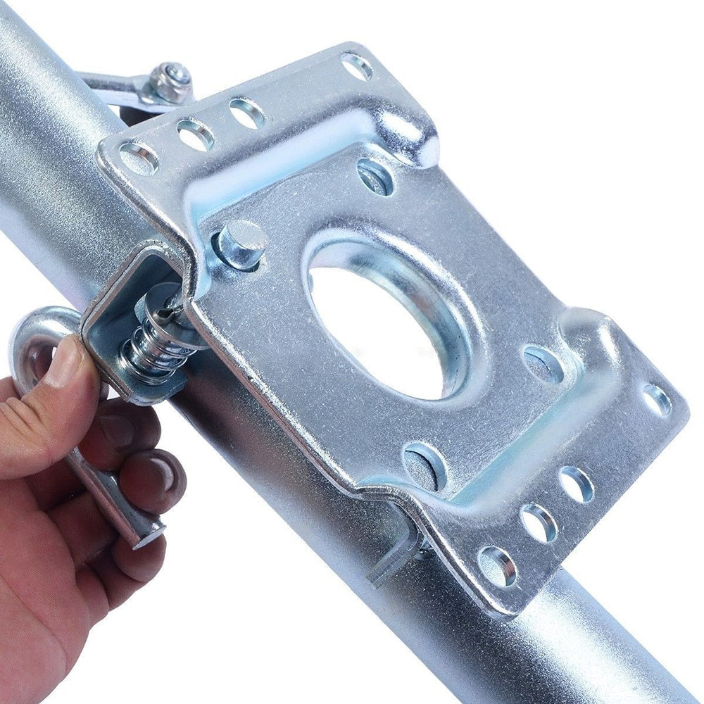 Heavy-duty trailer jack with wheel for easy maneuvering, support, and stabilization of boats, trailers, campers; durable steel construction ensures reliable towing and parking in marine and outdoor environments