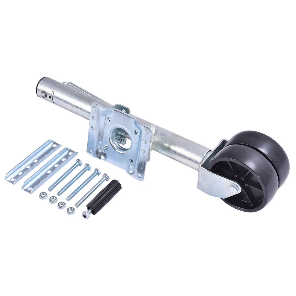 Heavy-duty trailer jack with wheel for easy maneuvering, support, and stabilization of boats, trailers, campers; durable steel construction ensures reliable towing and parking in marine and outdoor environments

